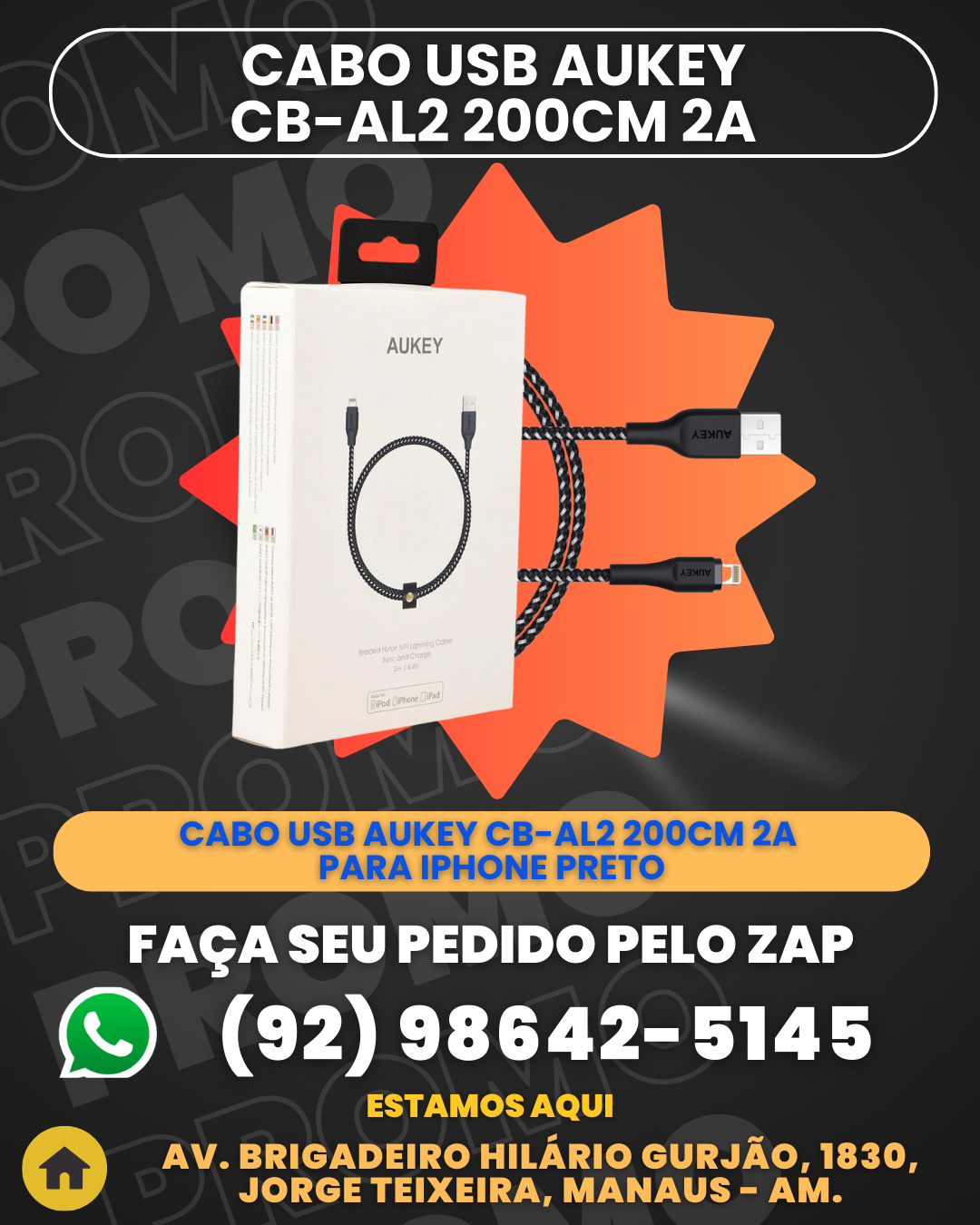 Cabo USB Aukey CB-AL2 200cm 2A para Iphone Preto