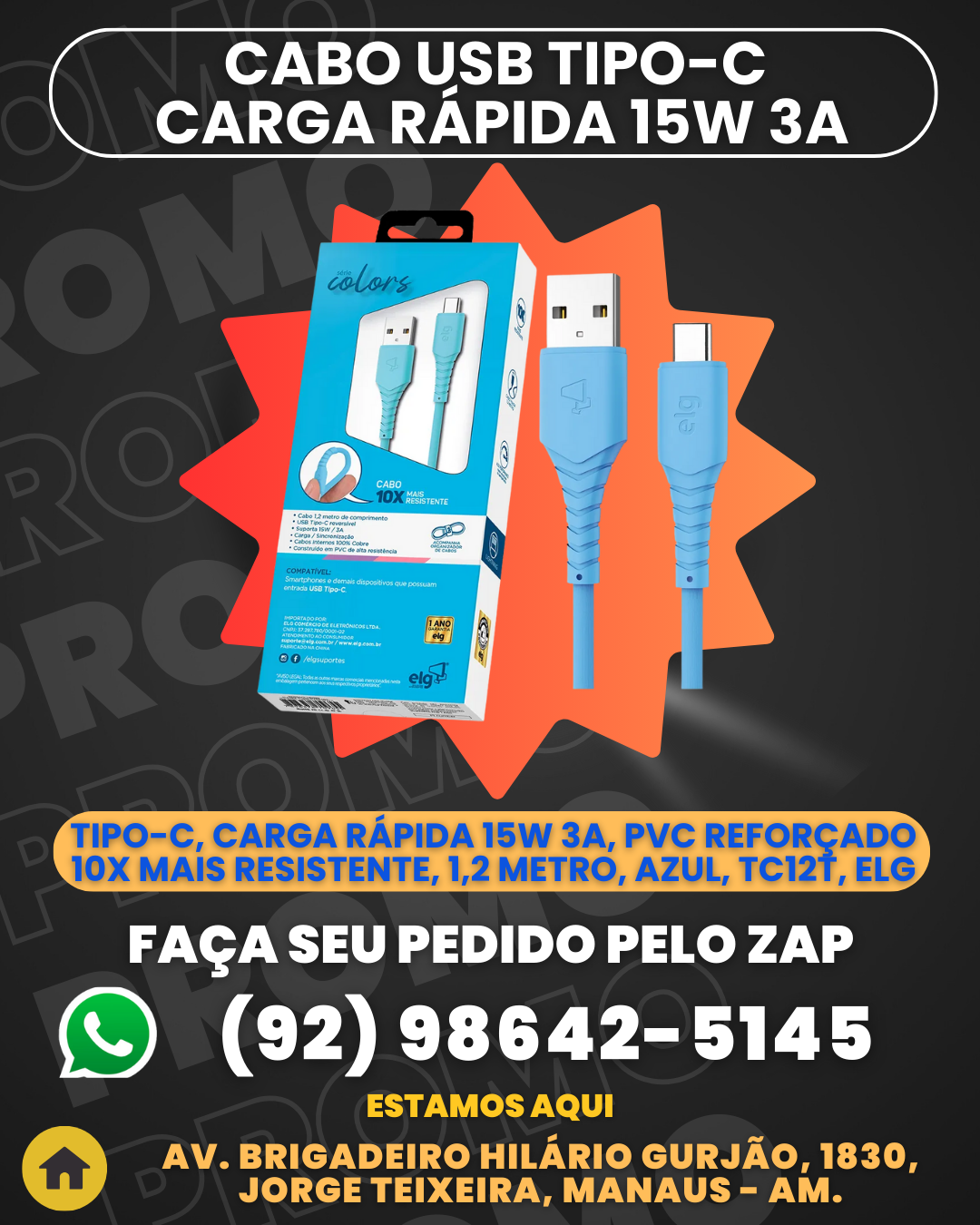 Cabo USB Tipo-C, Carga Rаpida 15W 3A, PVC ReforЗado 10X Mais Resistente, 1,2 metro, Azul, TC12T, ELG