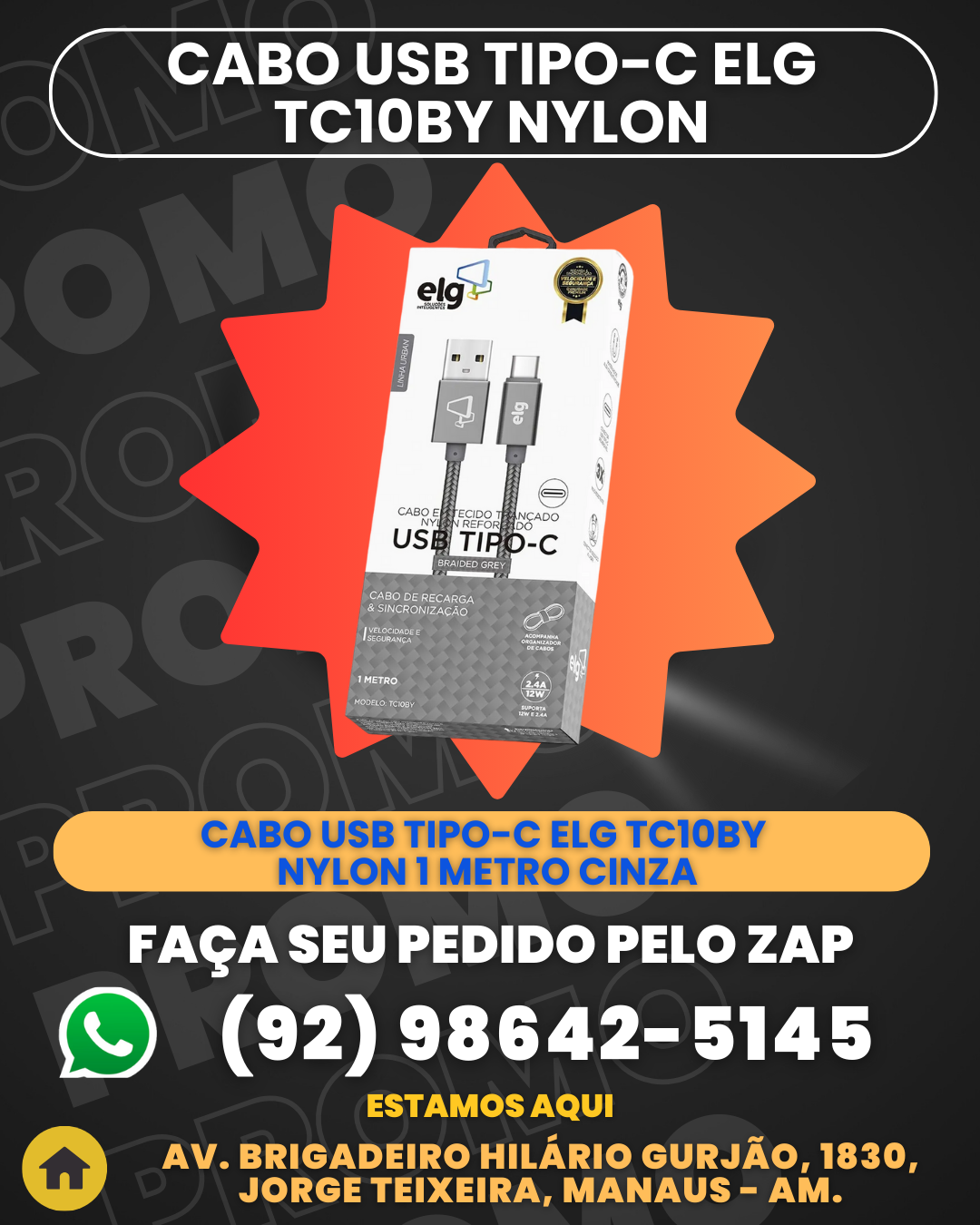 Cabo Usb Tipo-c ELG Tc10by Nylon 1 Metro Cinza