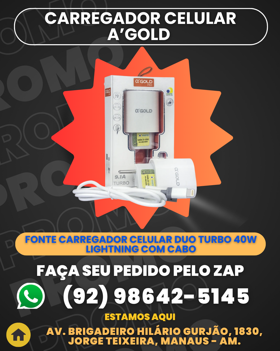 Carregador Celular AтАЩGOLD Duo Turbo 40w Lightning Com Cabo