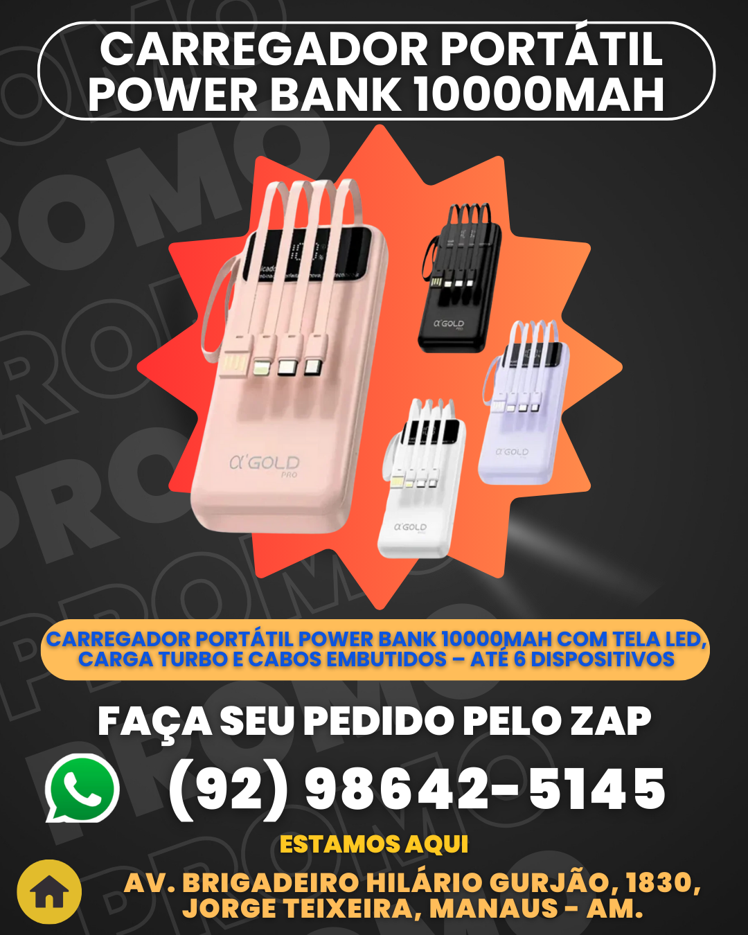 Carregador Port├бtil Power Bank 10000mah Com Tela LED, Carga Turbo E Cabos Embutidos тАУ At├й 6 Dispositivos