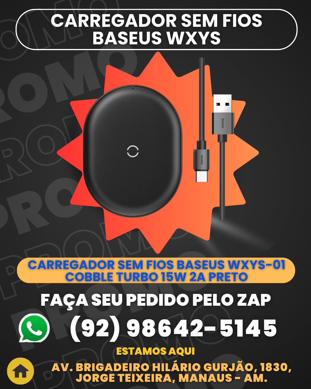 Carregador Sem fios Baseus WXYS-01 Cobble Turbo 15W 2A Preto