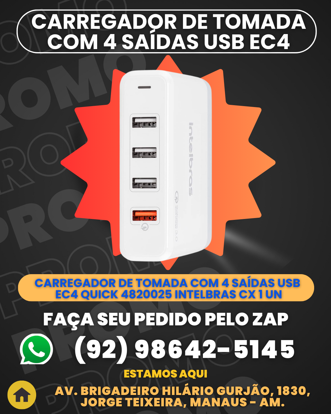 Carregador de tomada com 4 saбdas USB EC4 Quick 4820025 Intelbras CX 1 UN