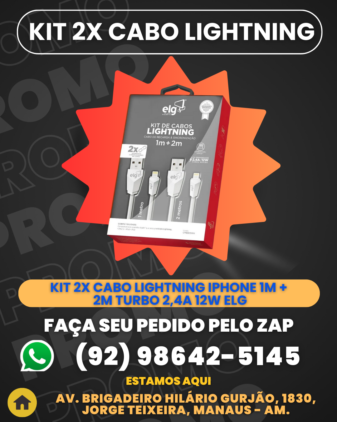 Kit 2x Cabo Lightning iPhone 1m + 2m Turbo 2,4a 12w ELG