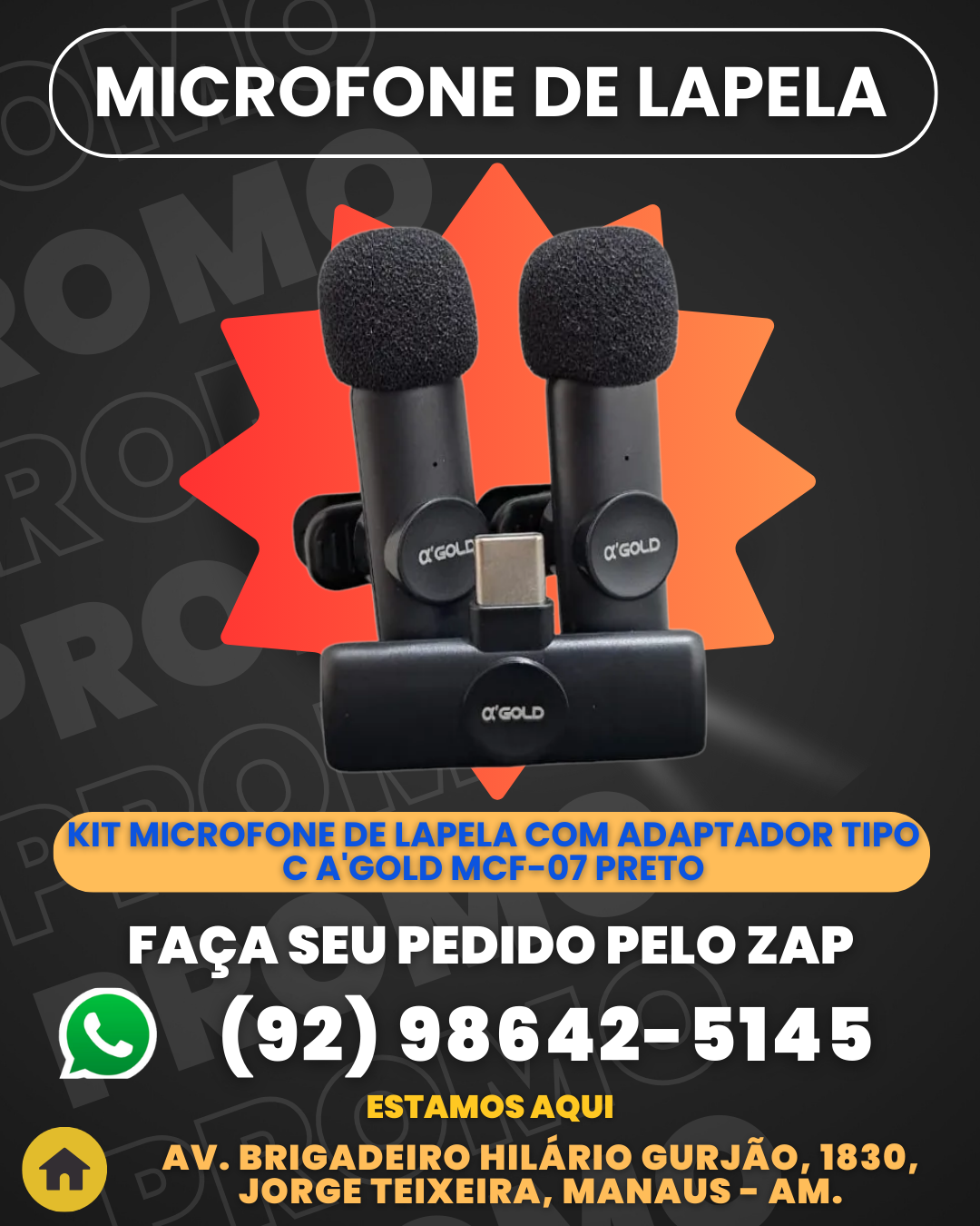 Kit Microfone De Lapela Com Adaptador Tipo C A'gold Mcf-07 Preto