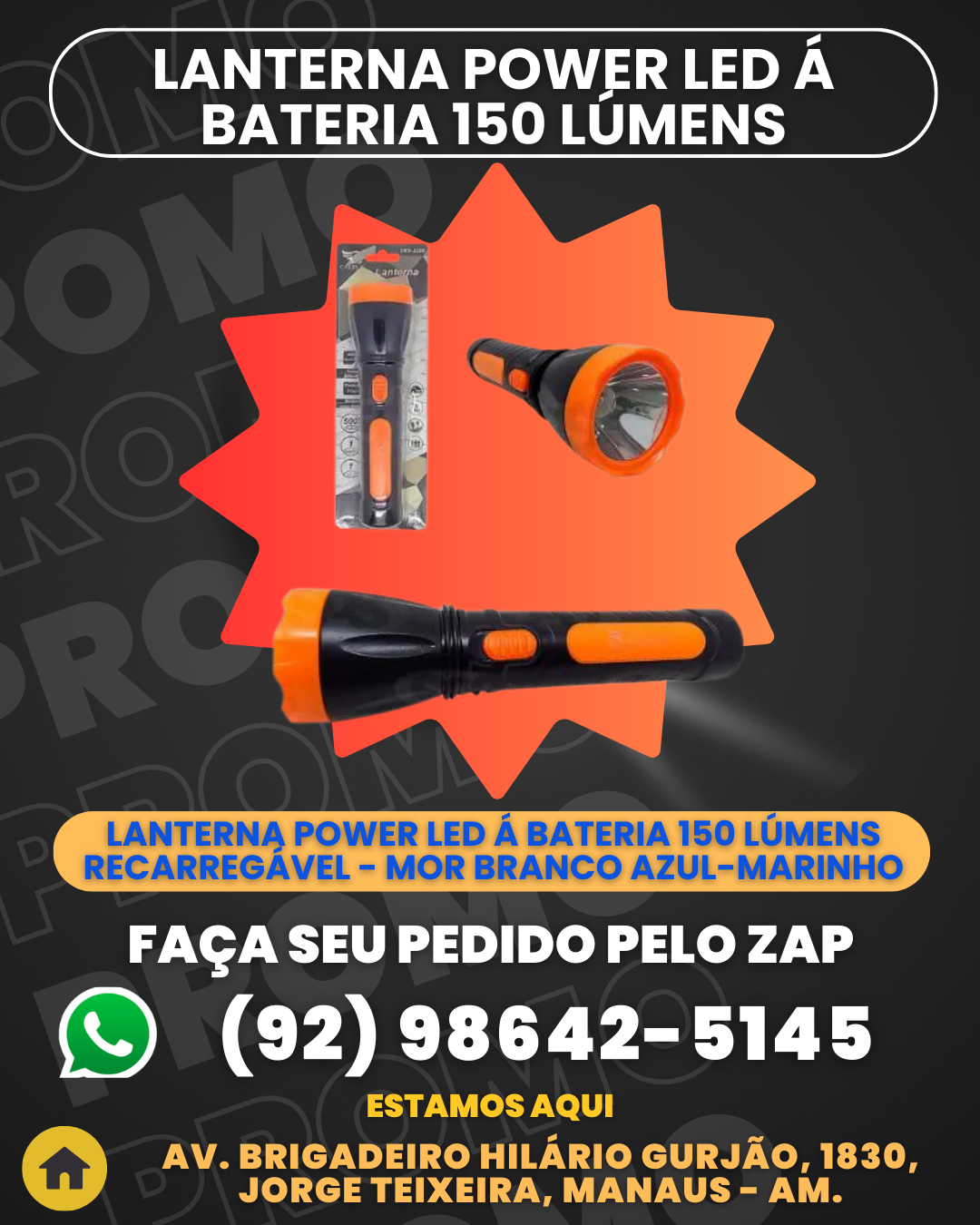 Lanterna Power Led ╡ Bateria 150 Lгmens Recarregаvel - Mor Branco Azul-marinho