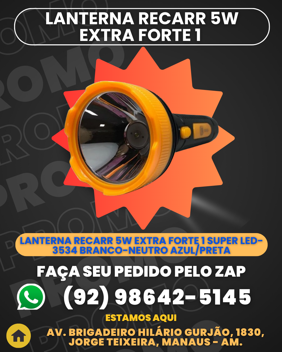 Lanterna Recarr 5w Extra Forte 1 Super Led-3534 Branco-neutro Azulpreta