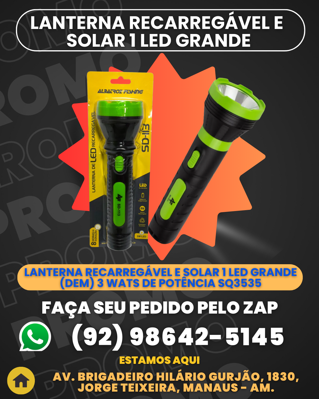 Lanterna Recarregаvel e Solar 1 Led Grande (dem) 3 Wats de PotИncia SQ3535