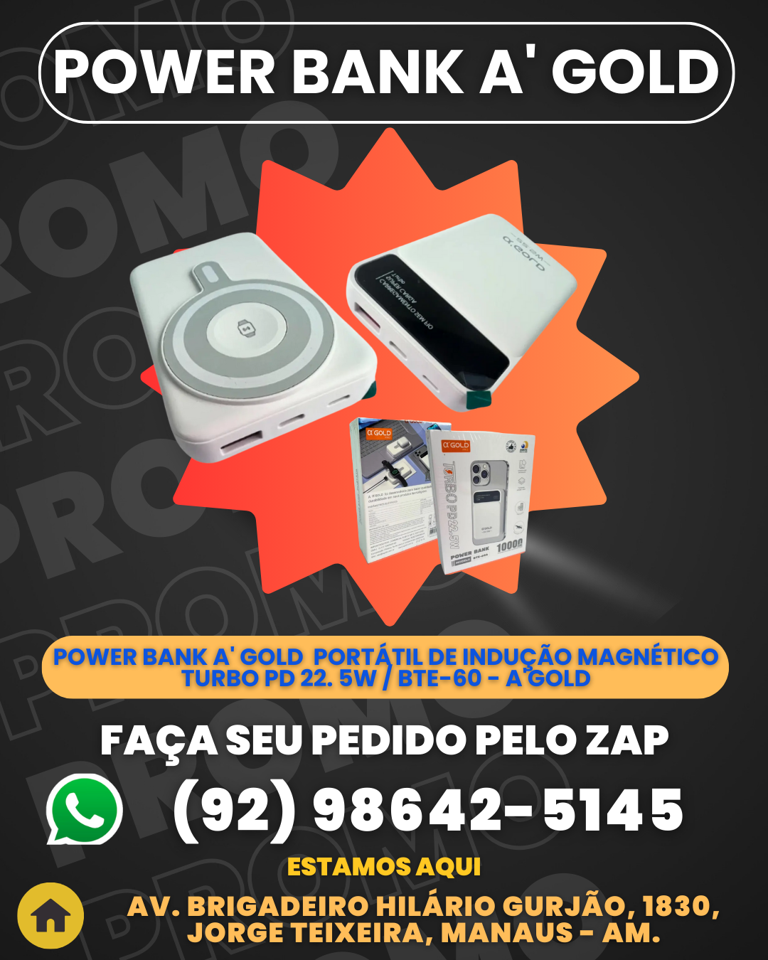 Power Bank A' Gold  Carregador Portаtil de InduЗ╞o  MagnВtico  Turbo PD 22. 5W  BTE-60 - A'Gold