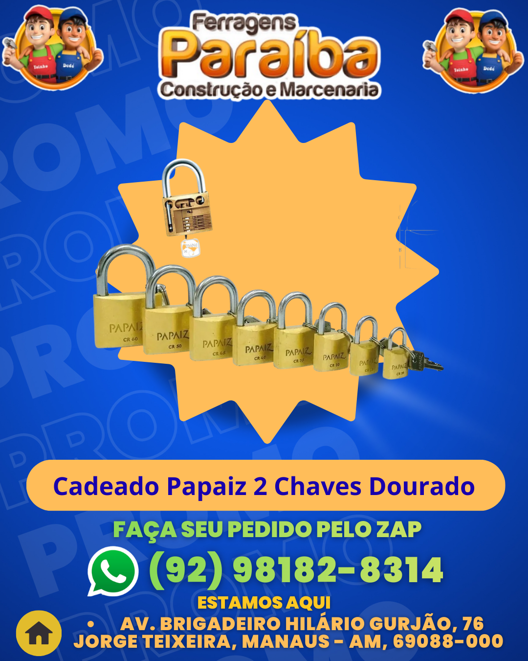 Cadeado Papaiz 2 Chaves Dourado  1 1