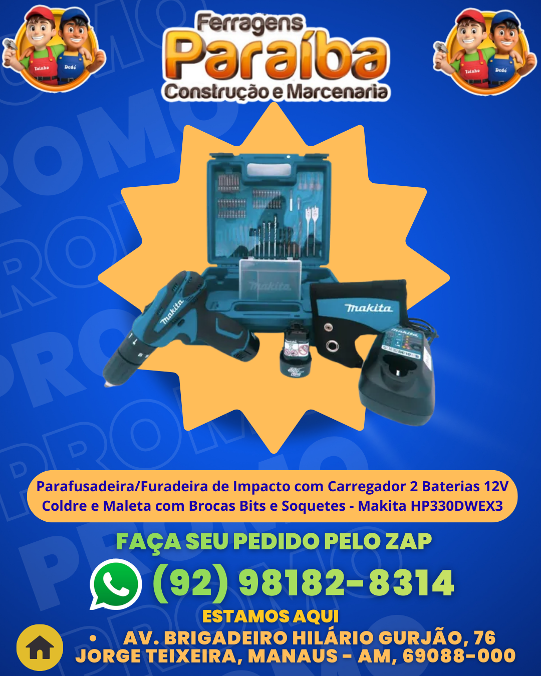 ParafusadeiraFuradeira de Impacto com Carregador 2 Baterias 12V Coldre e Maleta com Brocas Bits e Soquetes - Makita HP330DWEX3 1 1
