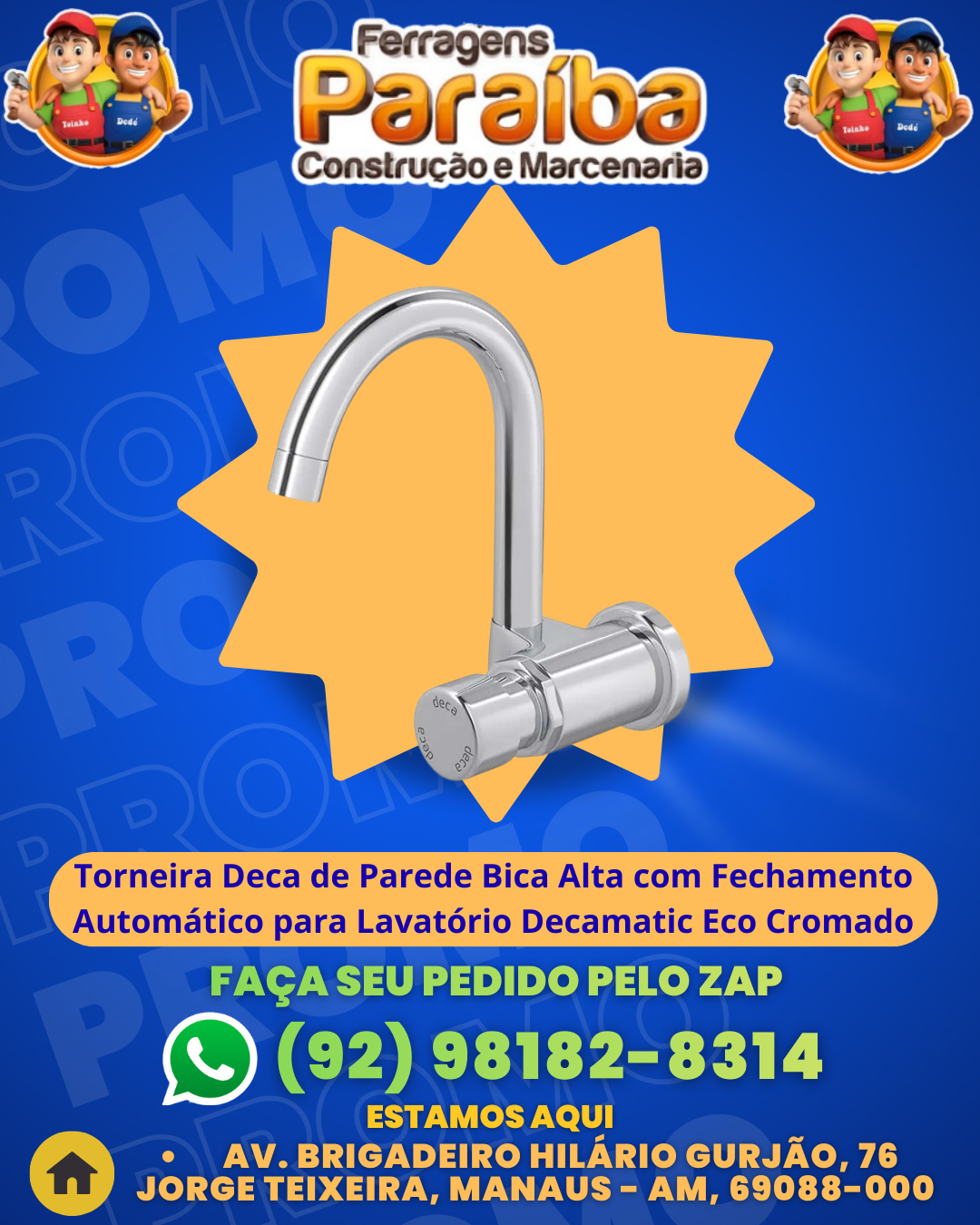 Torneira Deca de Parede Bica Alta com Fechamento Automаtico para Lavatвrio Decamatic Eco Cromado 1 1