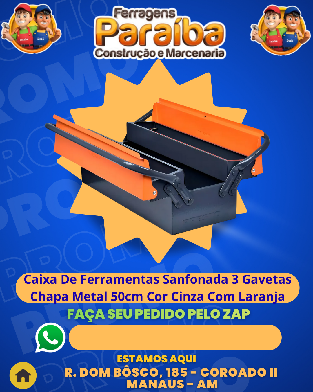 Caixa De Ferramentas Sanfonada 3 Gavetas Chapa Metal 50cm Cor Cinza Com Laranja 1