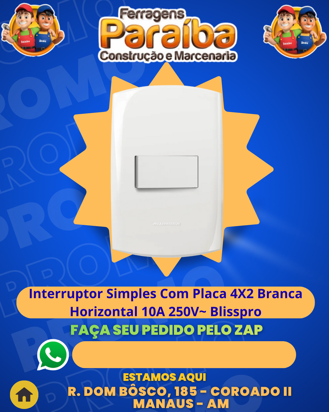 Interruptor Simples Com Placa 4X2 Branca Horizontal 10A 250V~ Blisspro 1
