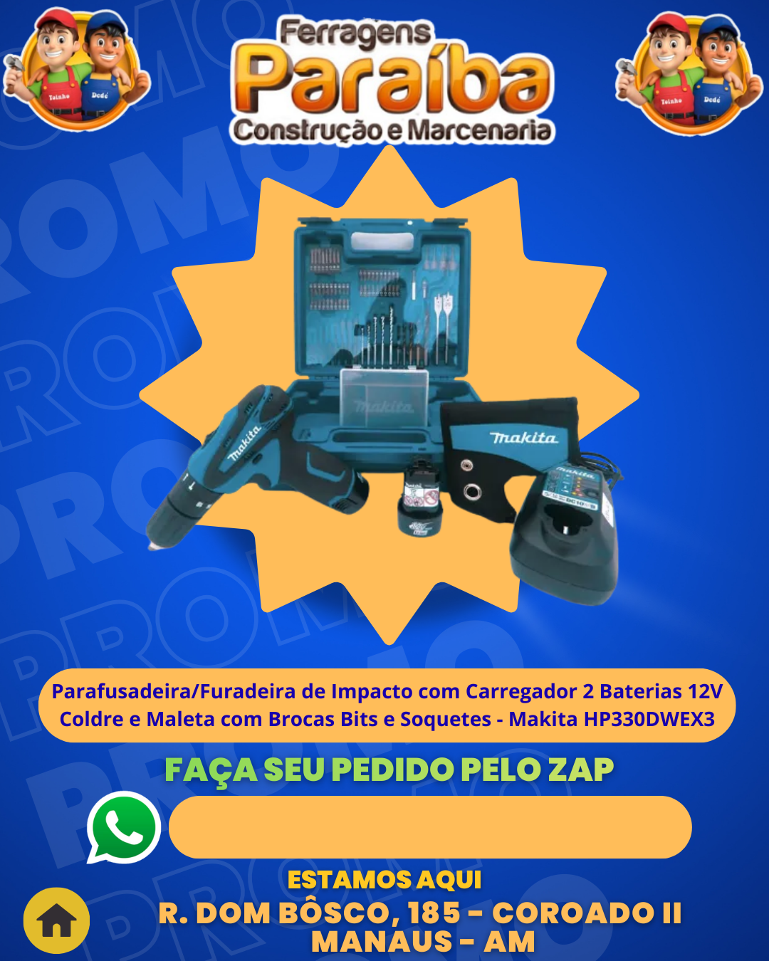 ParafusadeiraFuradeira de Impacto com Carregador 2 Baterias 12V Coldre e Maleta com Brocas Bits e Soquetes - Makita HP330DWEX3 1