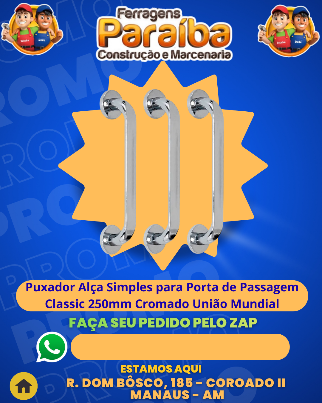 Puxador AlЗa Simples para Porta de Passagem Classic 250mm Cromado Uni╞o Mundial 1