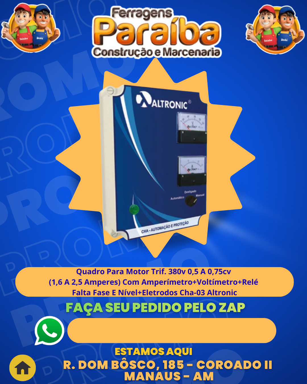 Quadro AutomaЗ╞oProteЗ╞o Para Motor Trif. 380v 0,5 A 0,75cv (1,6 A 2,5 Amperes) Com Amperбmetro+Voltбmetro+RelВ Falta Fase E Nбvel+Eletrodos Cha-03 Altronic 1