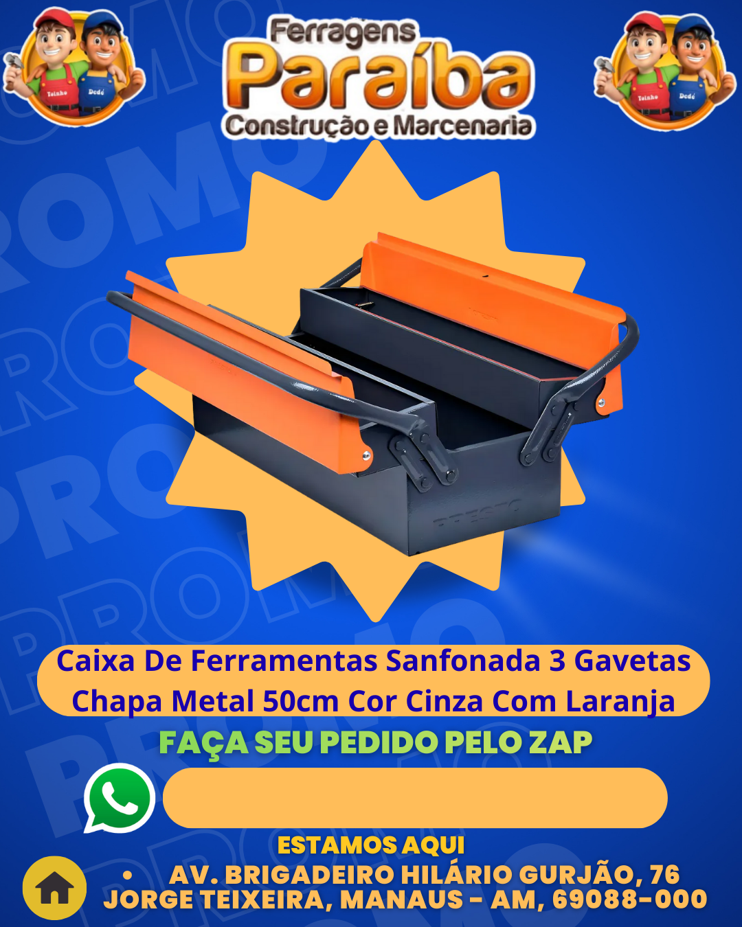 Caixa De Ferramentas Sanfonada 3 Gavetas Chapa Metal 50cm Cor Cinza Com Laranja 1