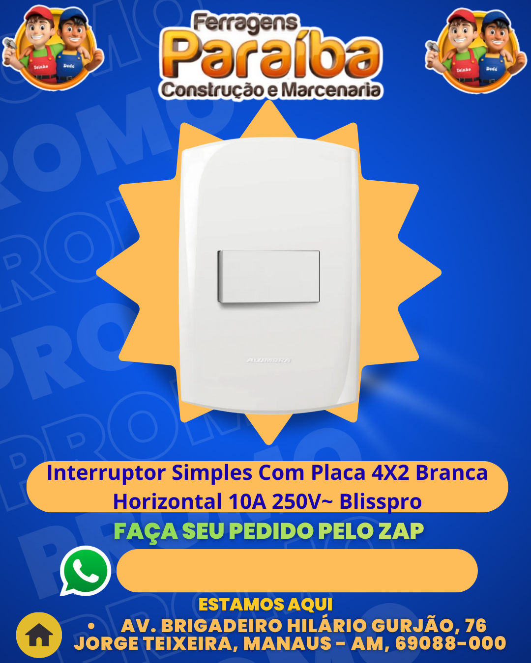 Interruptor Simples Com Placa 4X2 Branca Horizontal 10A 250V~ Blisspro 1
