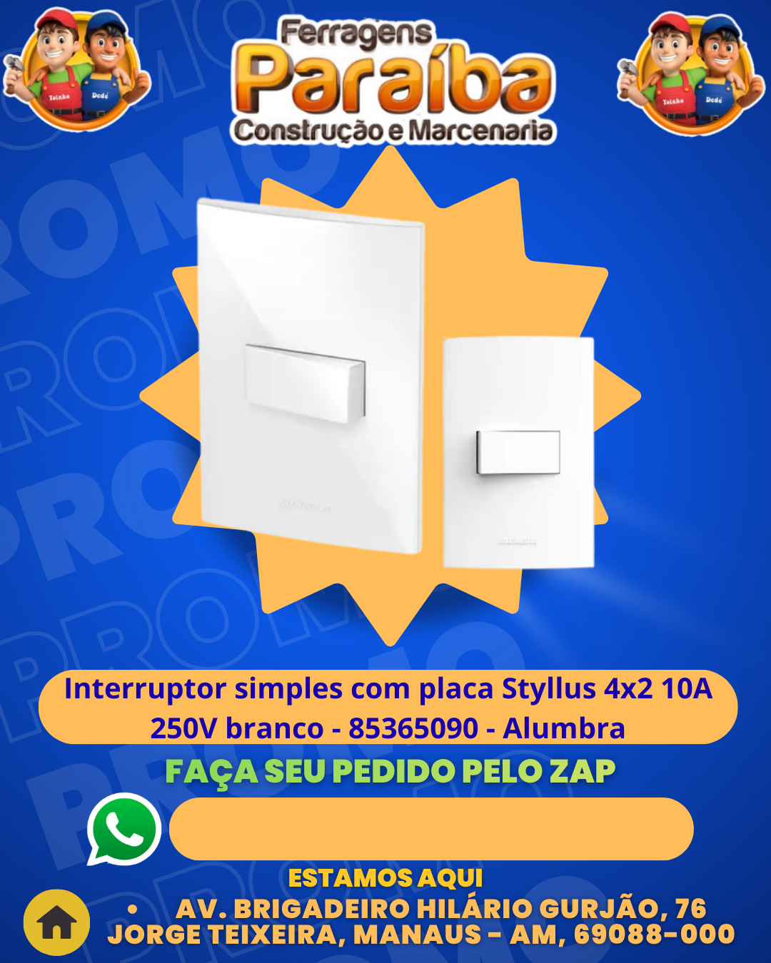 Interruptor simples com placa Styllus 4x2 10A 250V branco - 85365090 - Alumbra 1