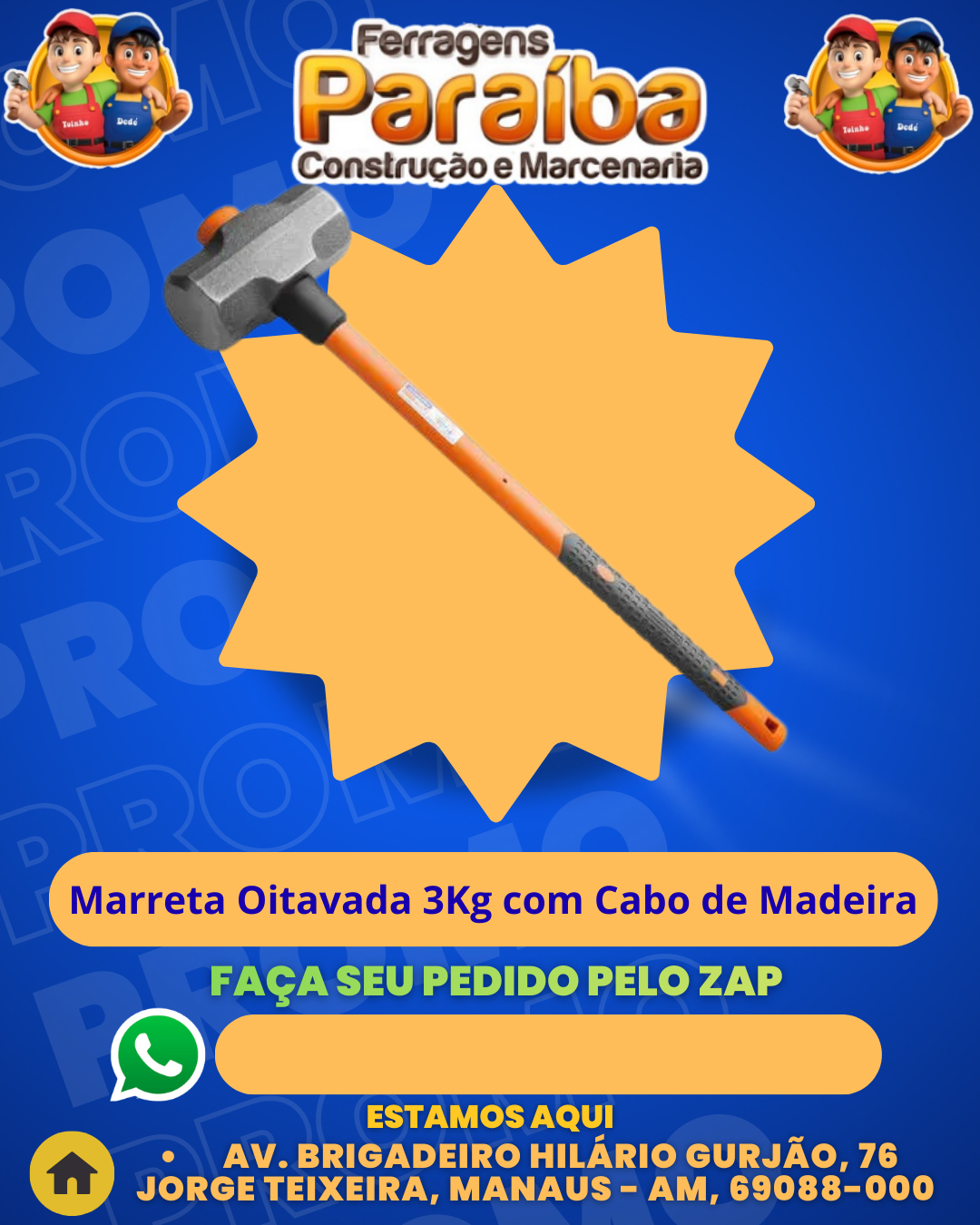 Marreta Oitavada 3Kg com Cabo de Madeira 1