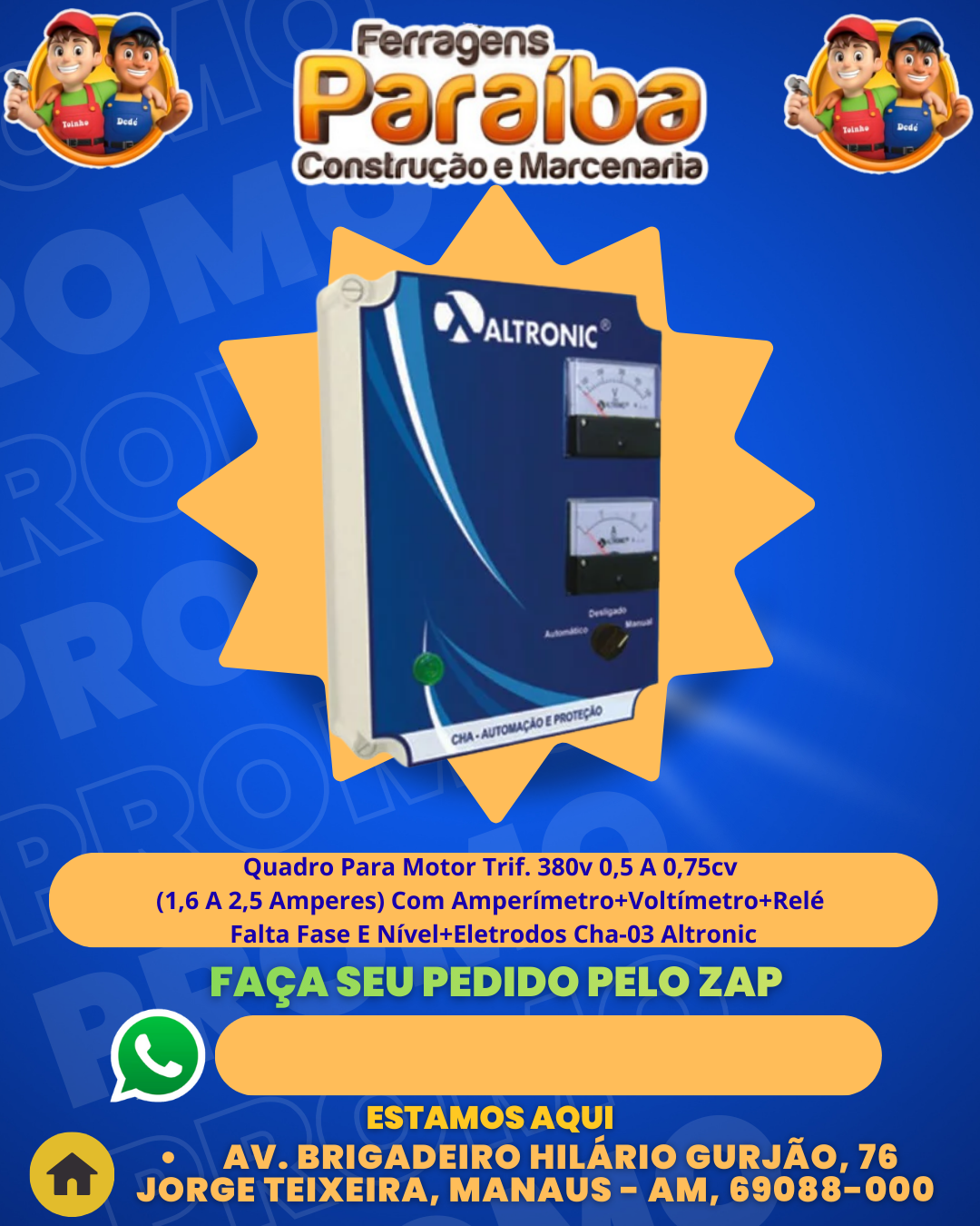 Quadro AutomaЗ╞oProteЗ╞o Para Motor Trif. 380v 0,5 A 0,75cv (1,6 A 2,5 Amperes) Com Amperбmetro+Voltбmetro+RelВ Falta Fase E Nбvel+Eletrodos Cha-03 Altronic 1