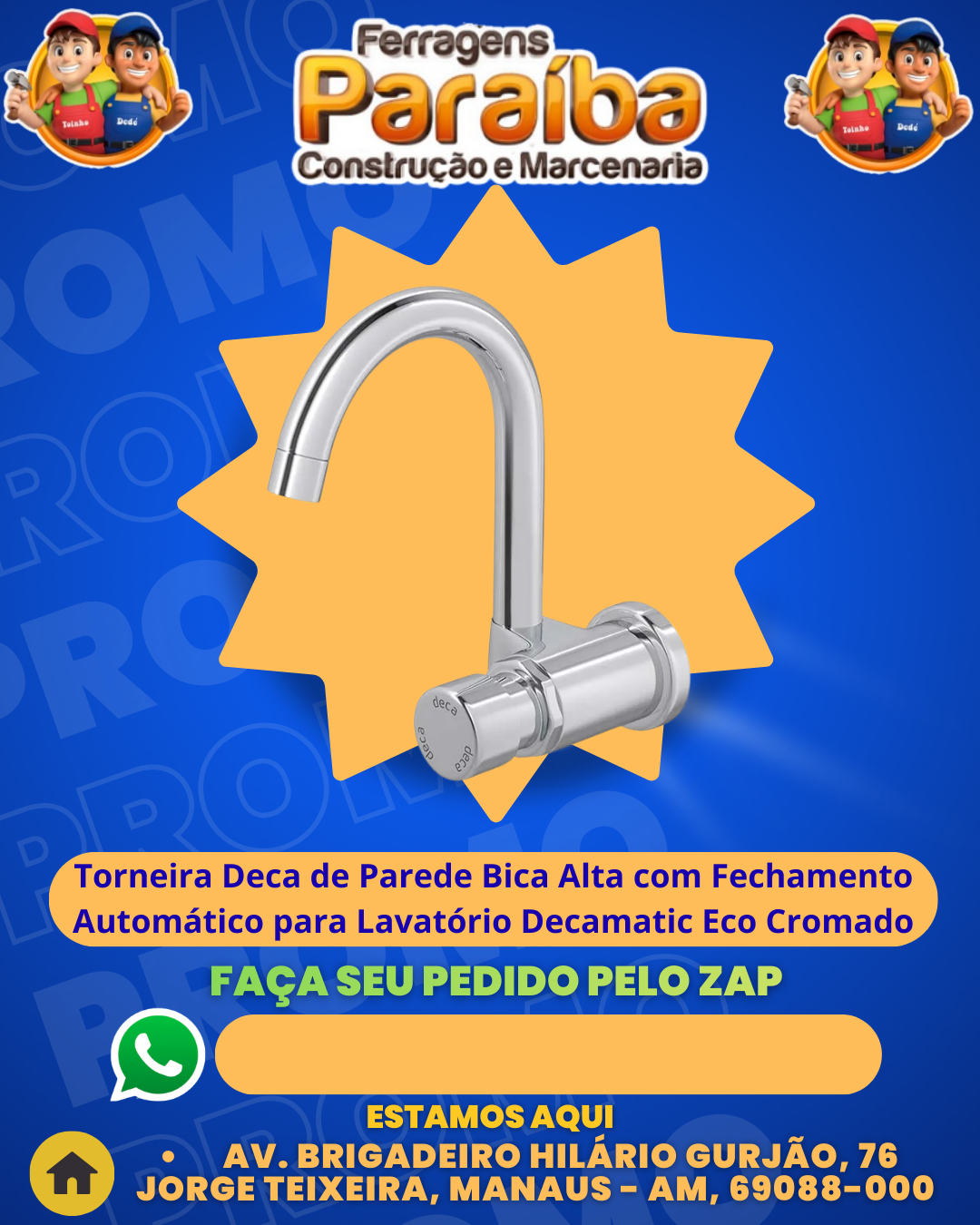 Torneira Deca de Parede Bica Alta com Fechamento Automаtico para Lavatвrio Decamatic Eco Cromado 1